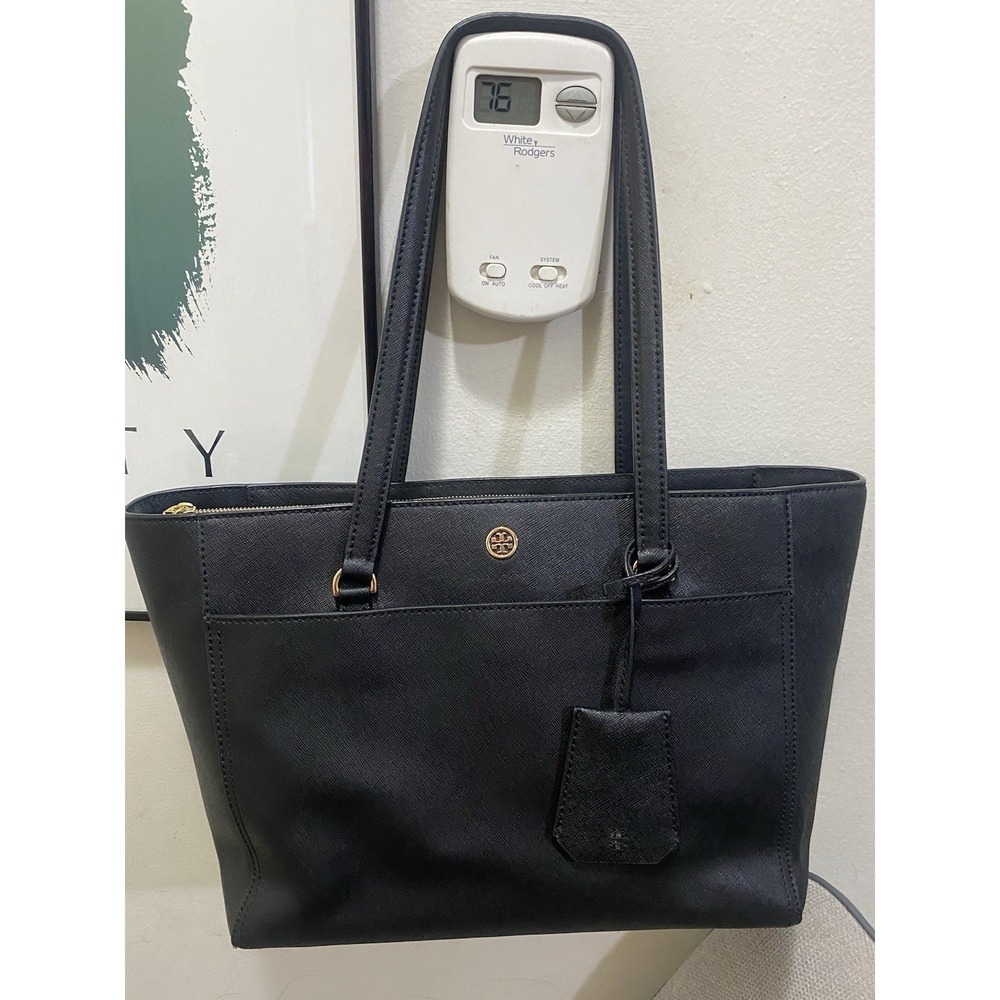 Tory Burch Emerson Large Tote Bag Black Saffiano Leather Shoulder Bag Gold Logo